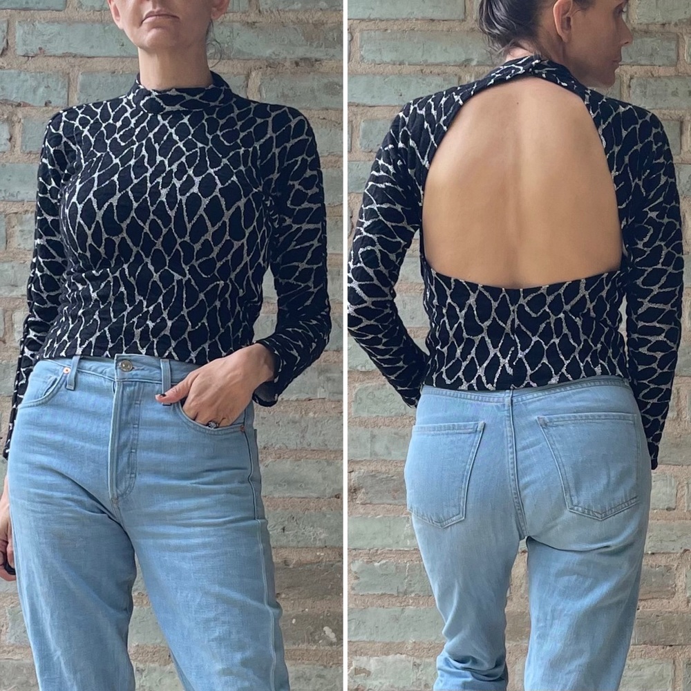 Vintage Backless Top 90s Y2K Black Silver Metallic Animal Print Mock Bodycon